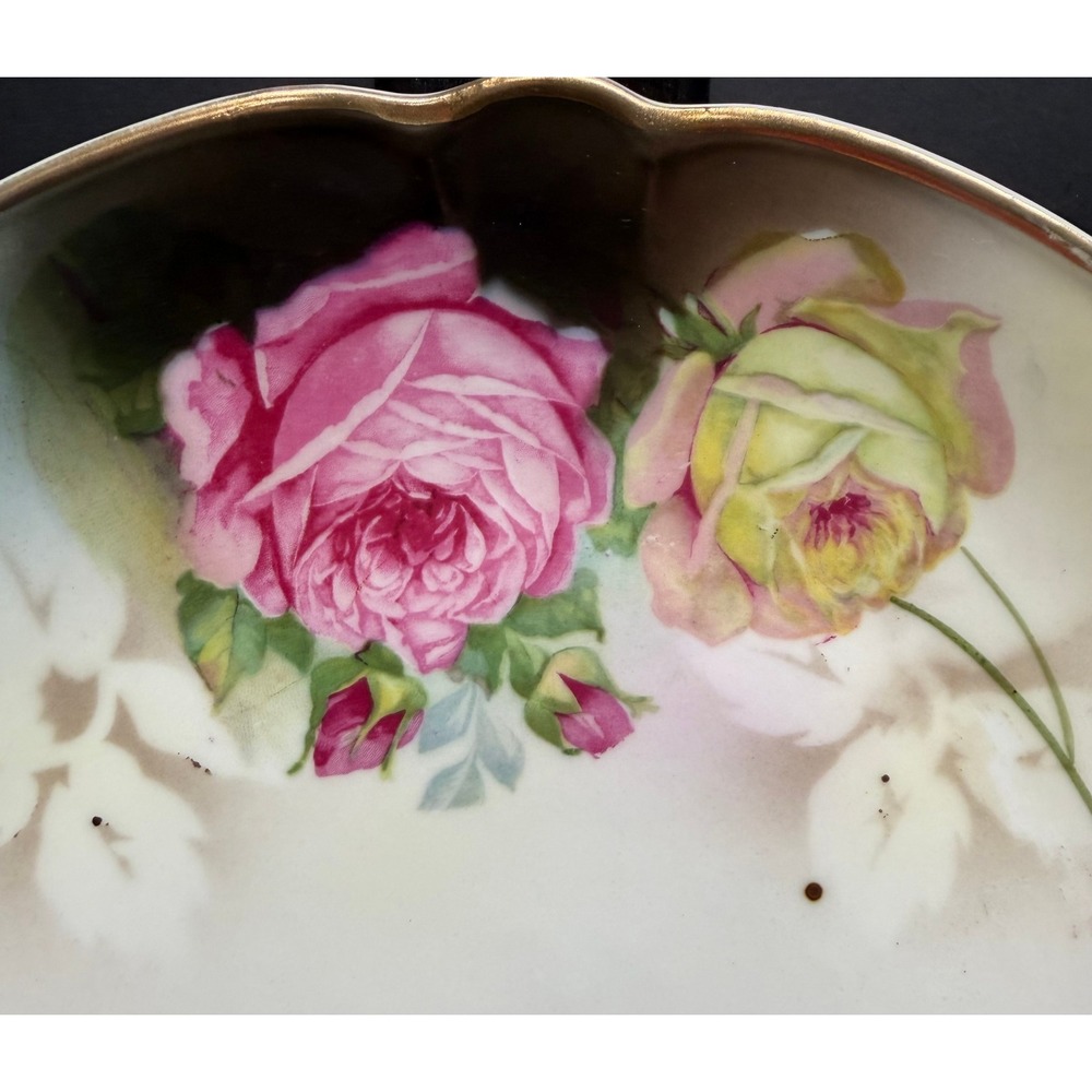 Vintage German Porcelain Handled Cake Plate Hand Painted Pink Roses Gold Trim - Picture 5 of 11